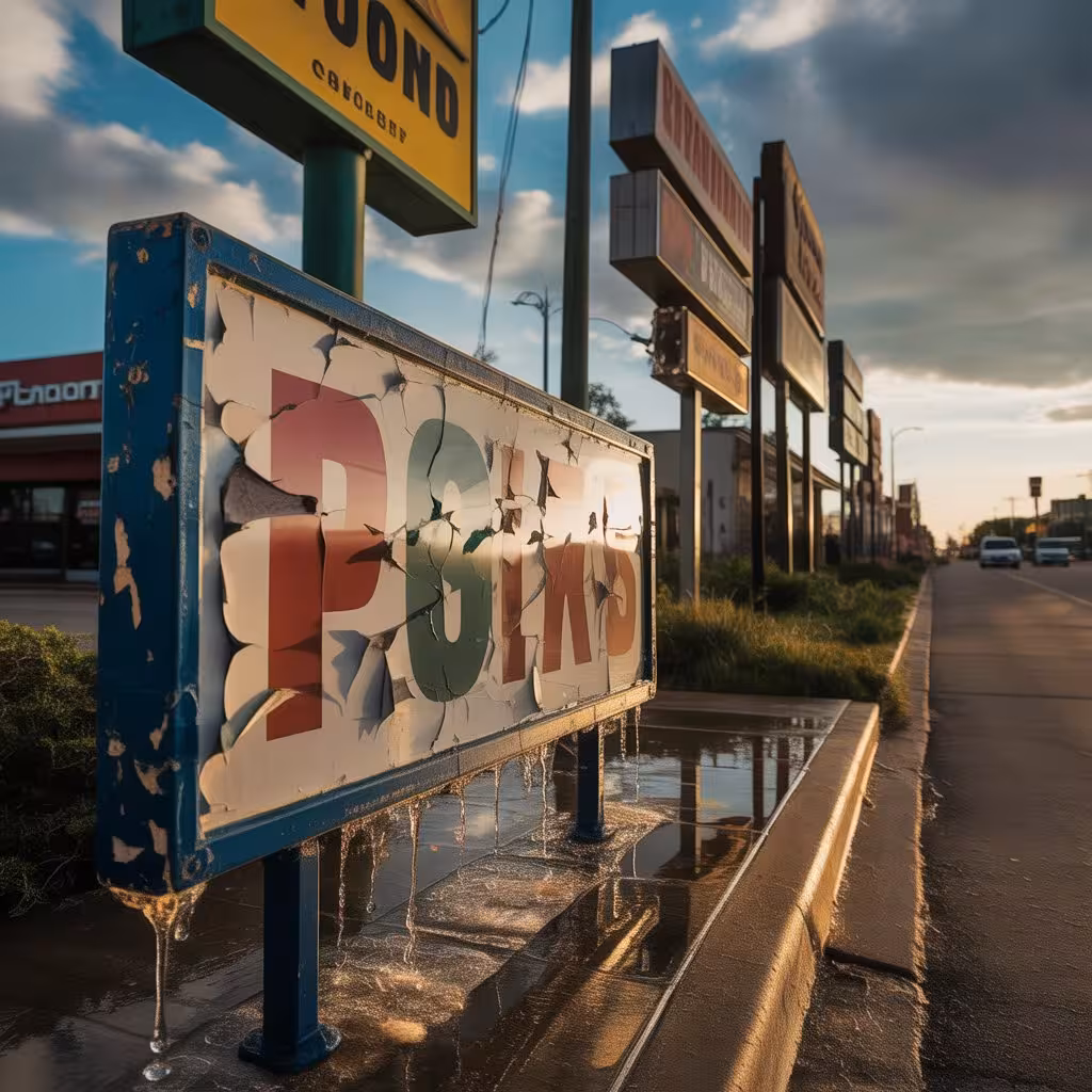 Weather-damaged retail signs in Dallas with peeling paint and cracked panels on a cloudy day.
