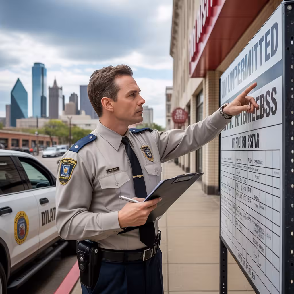 Officer pointing at an unpermitted sign board in Dallas with the city skyline in the background.
