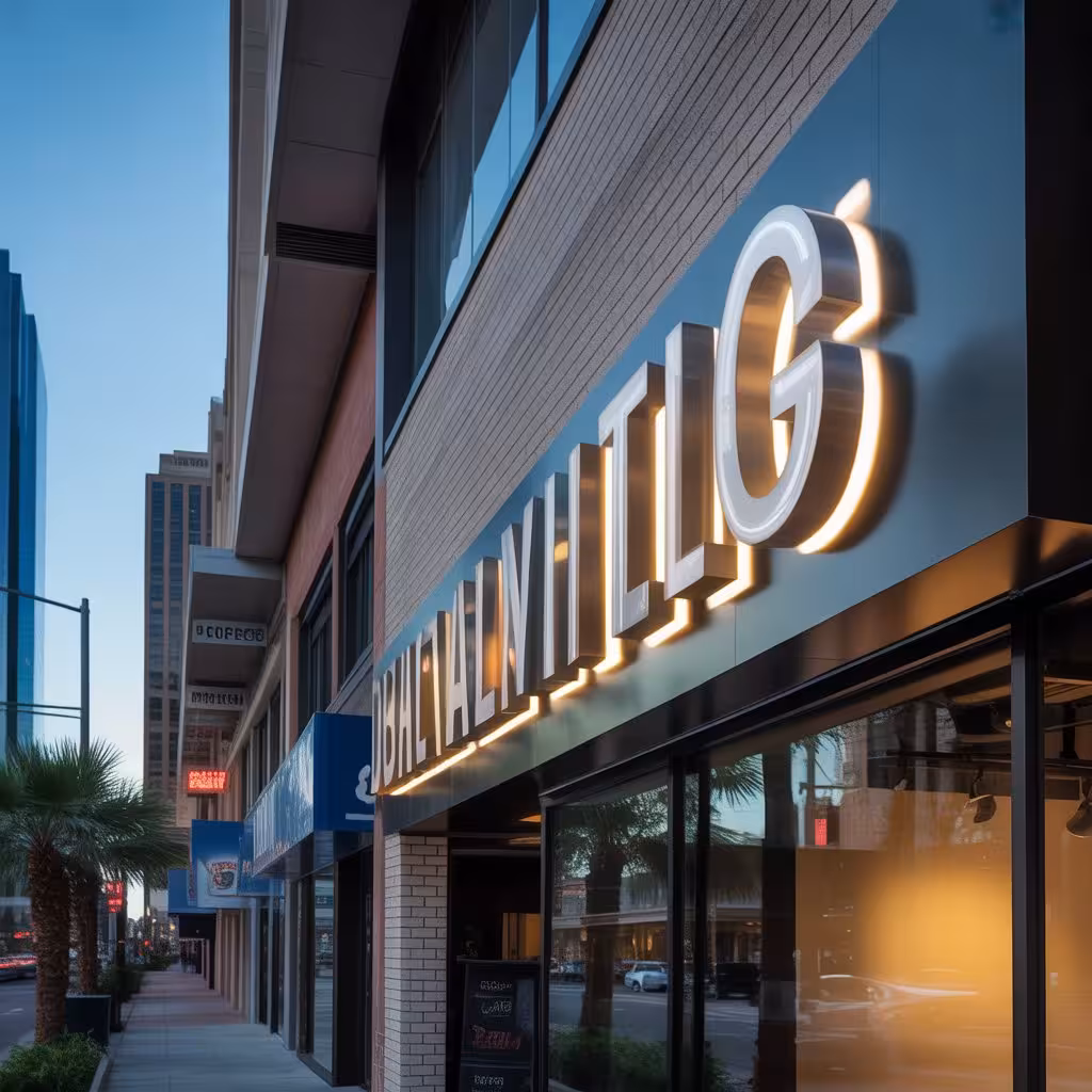 Modern illuminated storefront sign on a Dallas city street at sunset.