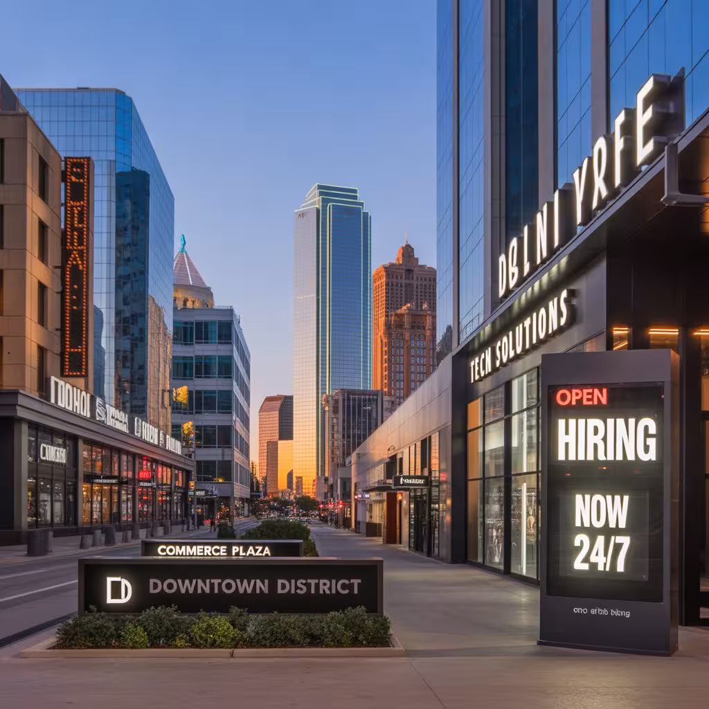 Modern digital and monument displays by sign companies in Dallas near Commerce Plaza.
