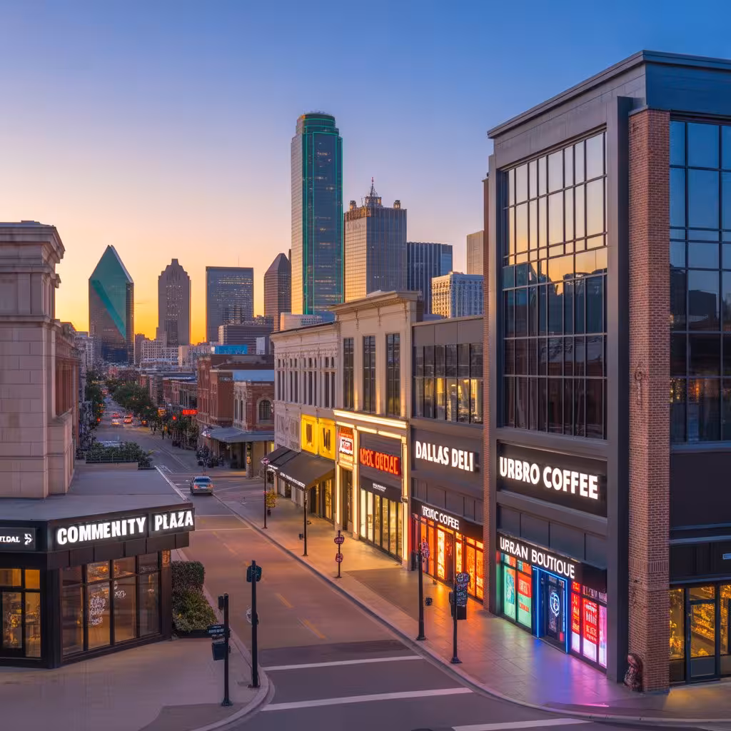 Modern storefronts designed by sign companies in Dallas under a sunset city skyline.