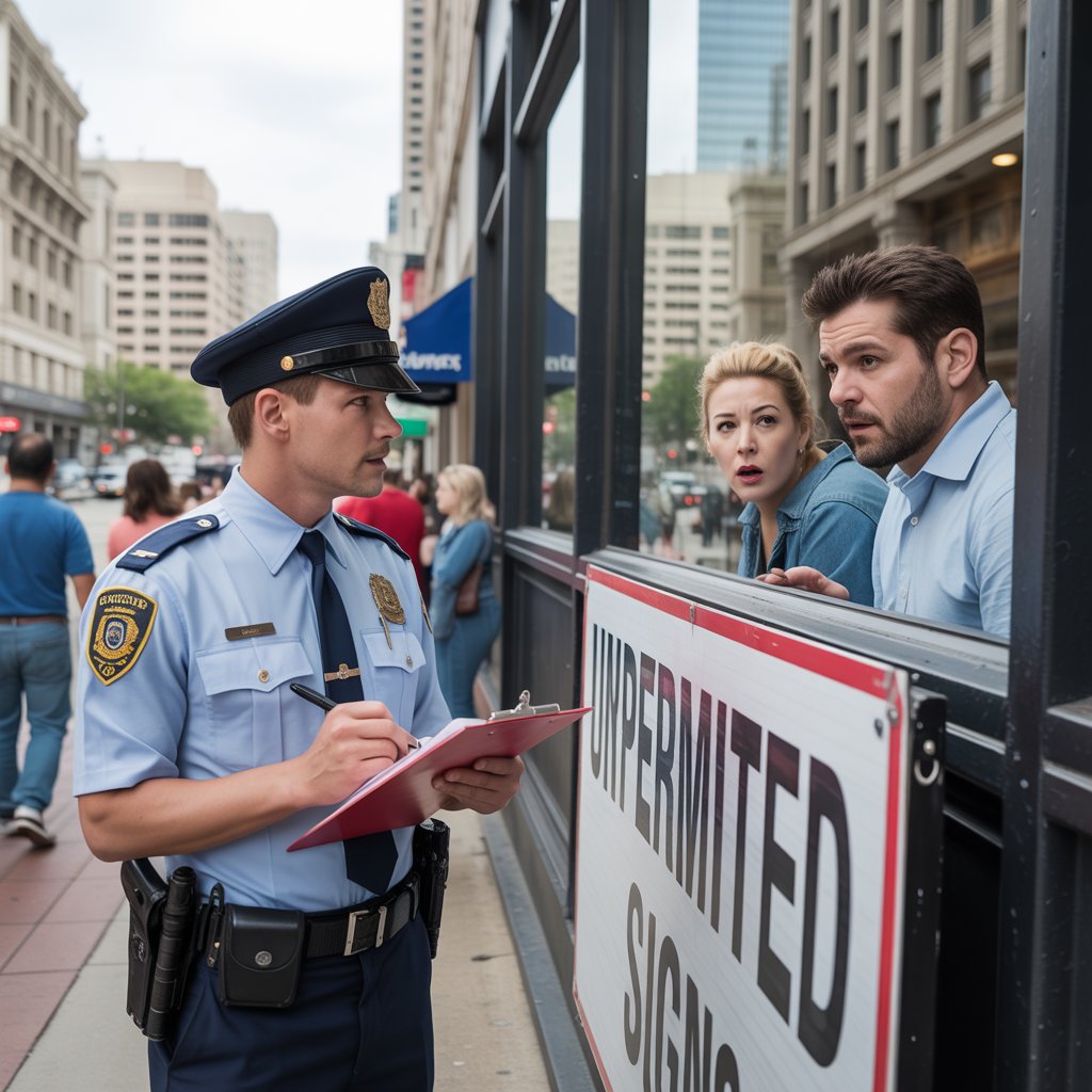 A Dallas code enforcement officer issuing a citation for an unpermitted storefront sign.